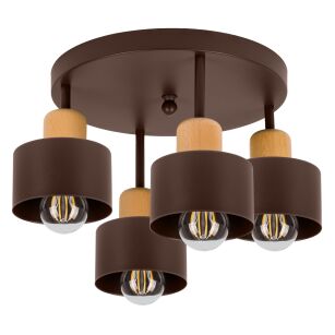 Brązowa lampa sufitowa, czteropunktowy spot D4BU3030BR z drewna i metalu E27